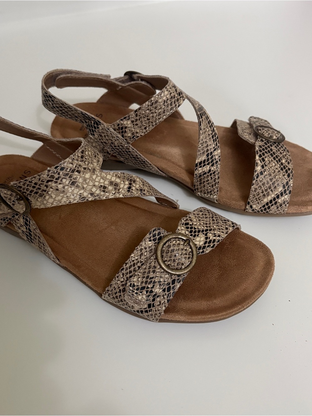 Earth Taupe Snake-Print Strappy Buckle Sandals